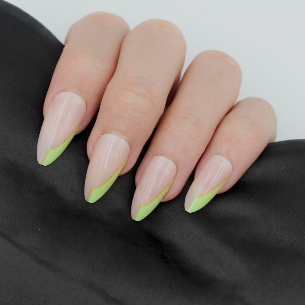 Neon Green tips nude press on nail almond